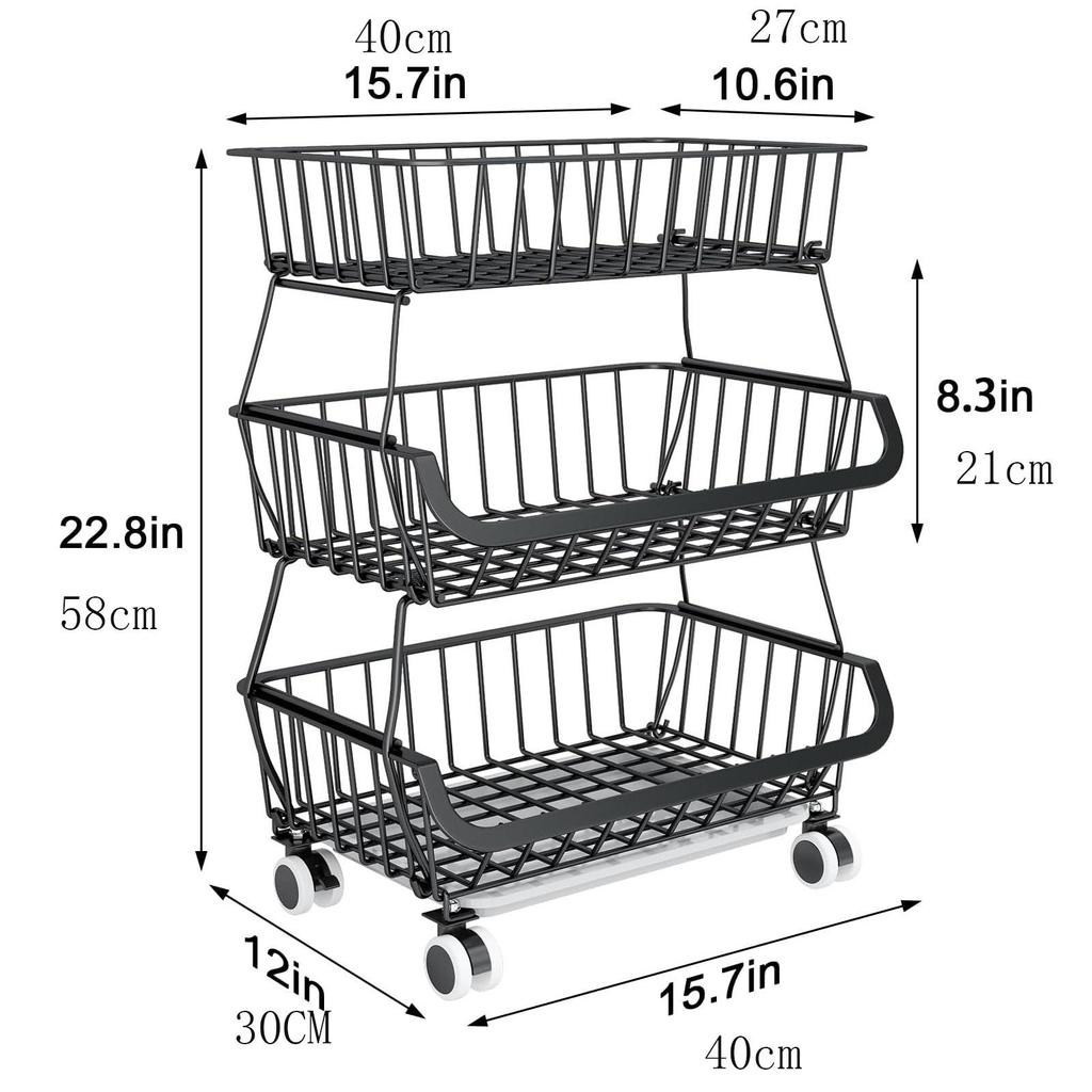 3Tier Rolling Pantry Floor Organizer,Stackable Pantry Storage Cart with Wheels, Metal Wire Pantry Baskets, Kitchen Fruit Basket Stand, Vegetable