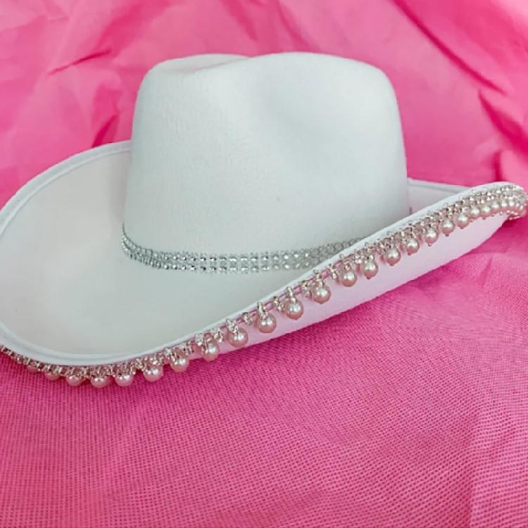 Handmade Woman Bride Cowgirl Hat Wide Brim Bridal Pink White Fedoras Hat