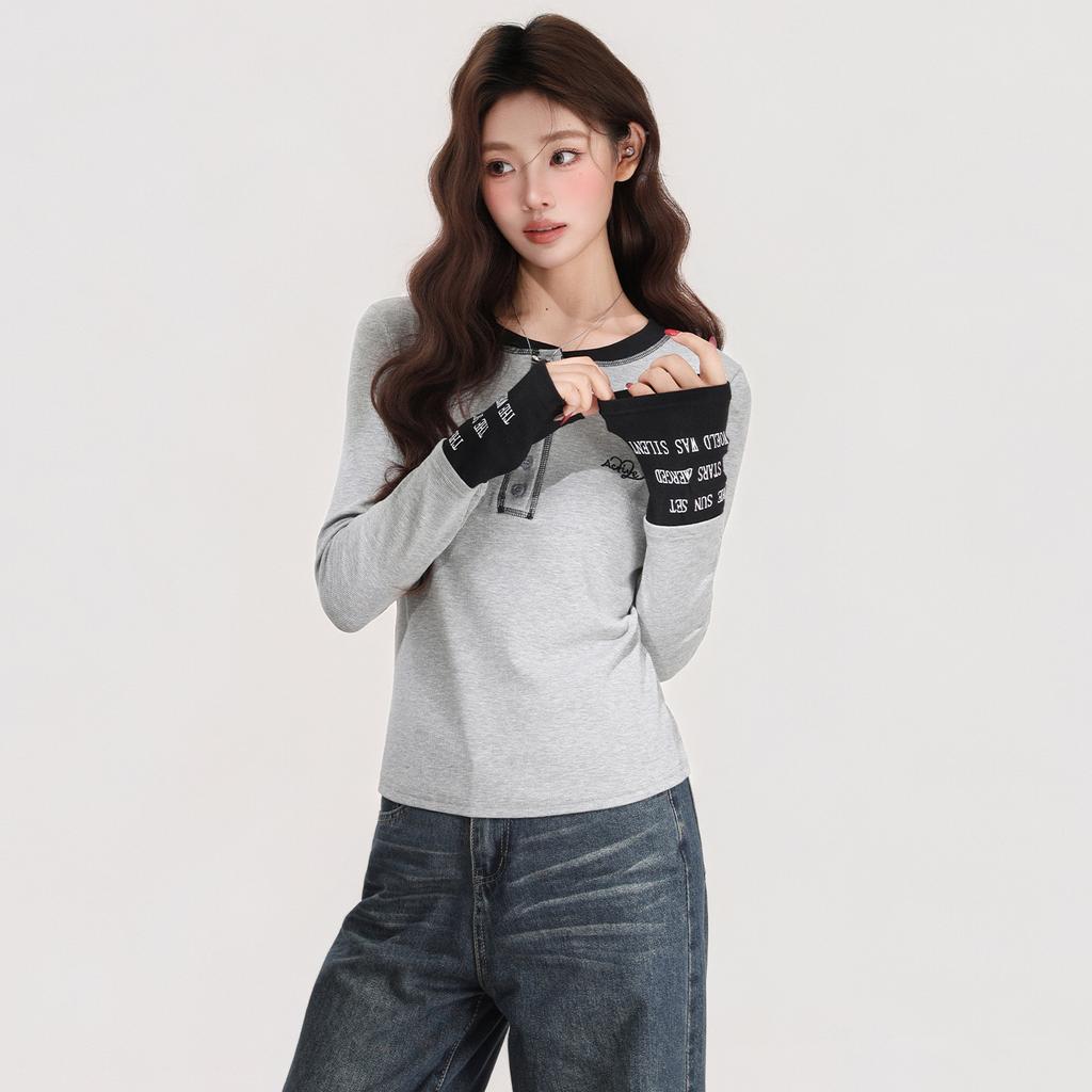 Contrasting Color Splicing Design Sense Letter Embroidery Long-sleeved T-shirt Women's Autumn and Winter New Slim and Thin Bottoming Top