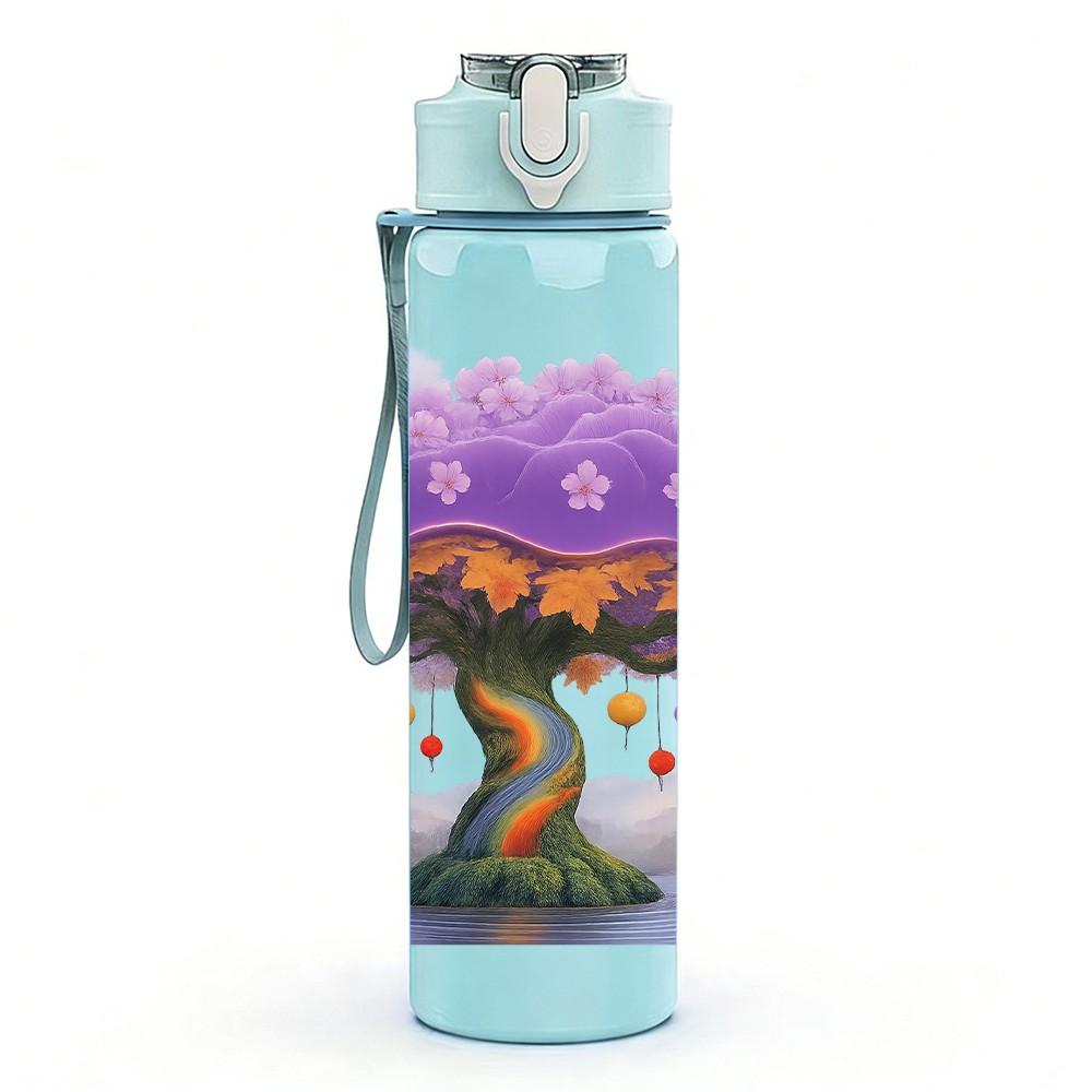 1PC Magic Purple Canopy Tree Art Print 750ml Color Plastic Sports Water Bottle Leakproof Flip Straw Lid Suitable for Sports Office Home Use
