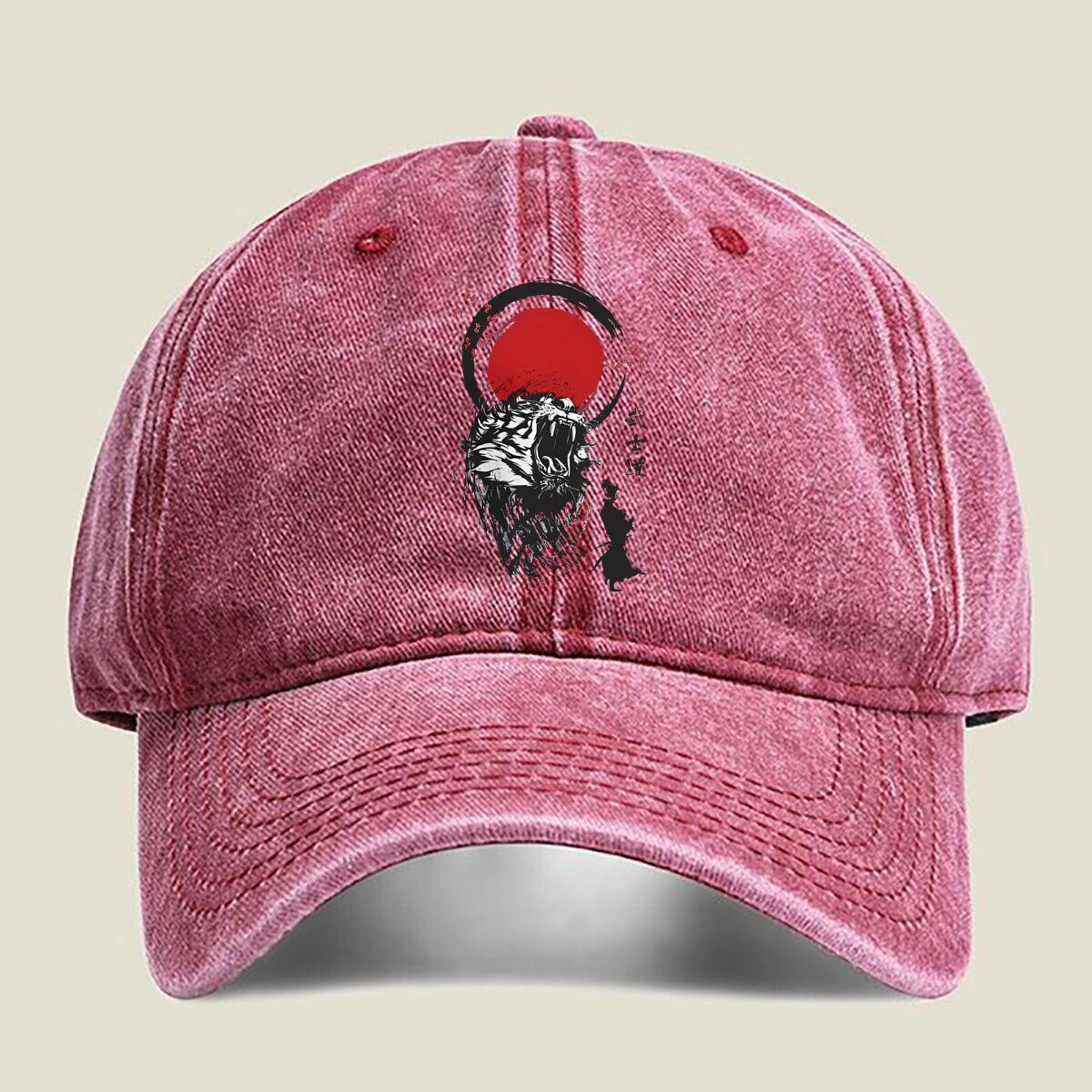 Samurai Tiger Art Washed Baseball Cap One Size