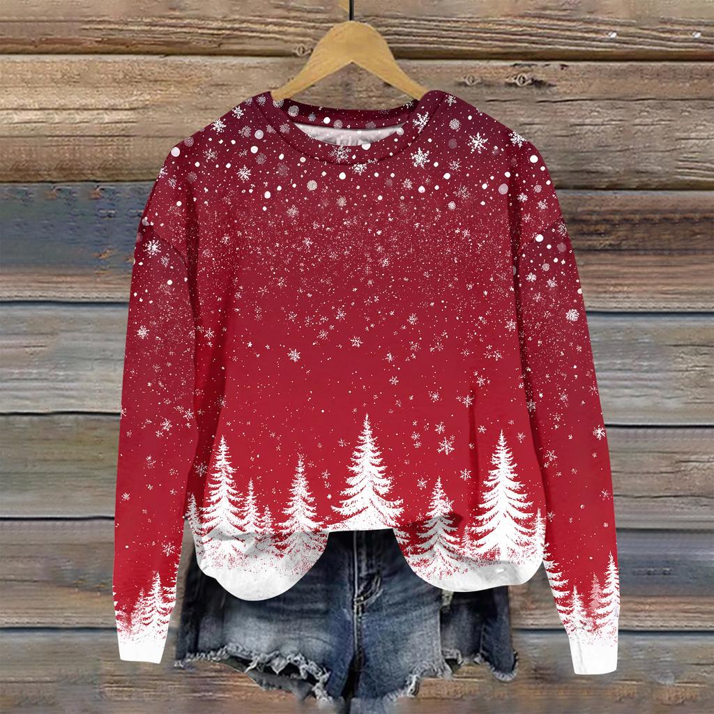 Women's Christmas Printed Casual Fashion Long Sleeve Round Neck Pullover Top