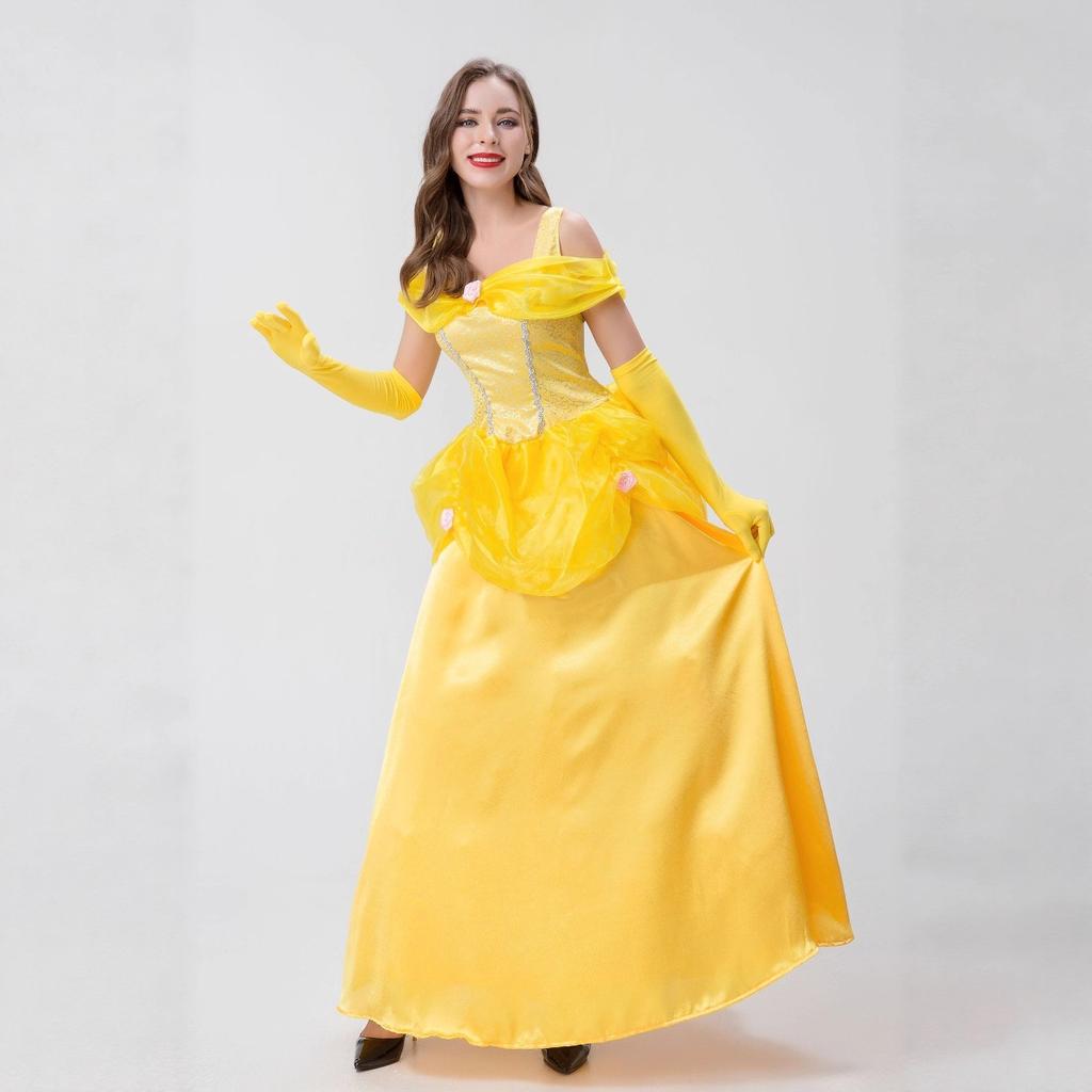 Απόκριες όμορφη γυναίκα και τέρας πριγκίπισσα Μπελ κίτρινο πριγκιπικό φόρεμα στολή για σκηνική παράσταση