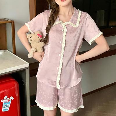 Conjunto de 2 piezas para mujer Verano Pijama de manga corta para mujer Seda Moda Ropa de dormir Jacquard con borde de hoja de loto Conjunto de pijama sexy de satén