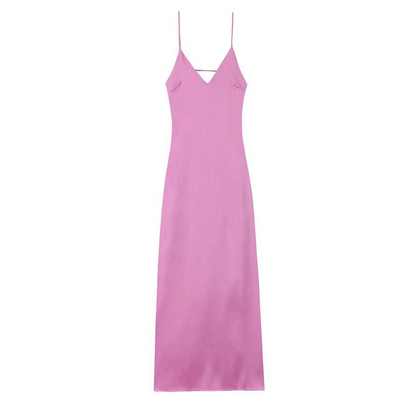 Summer V Neck Sling Mid-Length Silk Satin Texture Midi Skirt Dress 2452331 3258331 8331