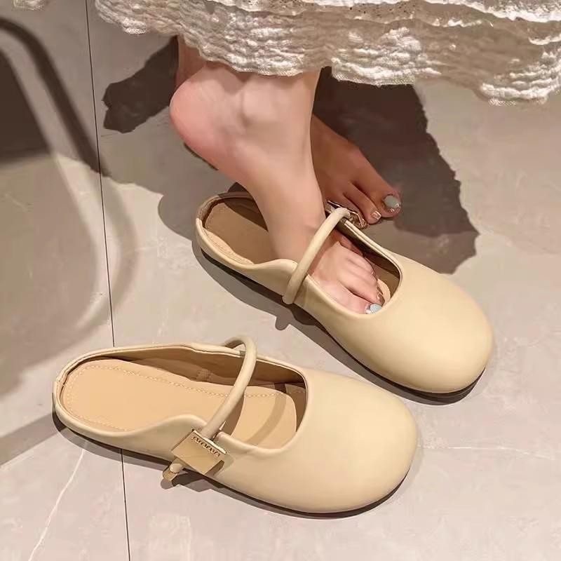 

Flat-bottomed bag head half slippers women s summer outer wear 2025 new one-pedal office pregnant women French half-support single shoes 40 хакі