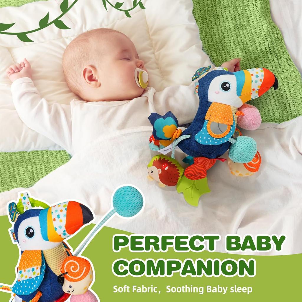 Jollybaby Musical Activity Pull String Hanging Toy for Baby Stroller Car Seat Crib Play Gym, Plush Stuffed Toucan Toy for Carseat with Music Teether
