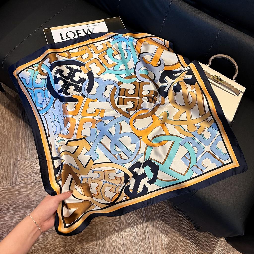 New blue silk scarf, high-end simulation silk square scarf, fashionable and versatile decorative bag binding, headband, professional scarf.