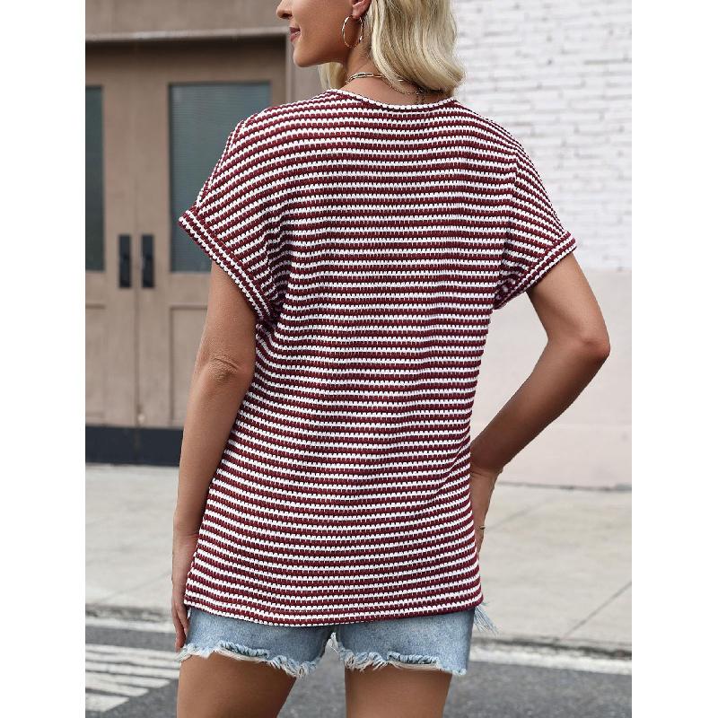2026 Loose Women's Casual Striped Textured Short-Sleeve Summer New V-Neck Knit T-Shirt Women's Clothing