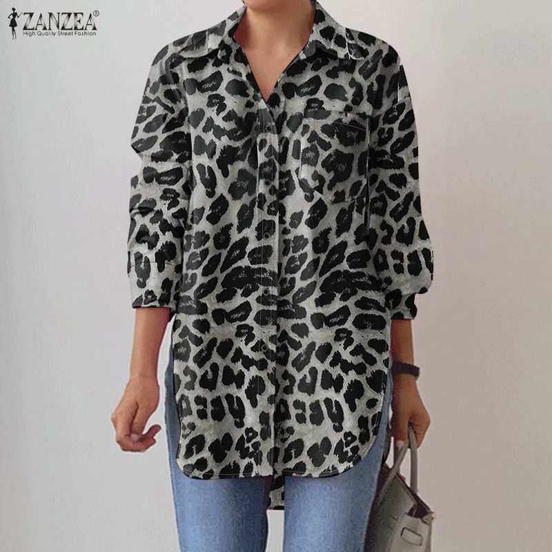 ZANZEA Damen Locker Lässige Leopard-Print Langarmbluse