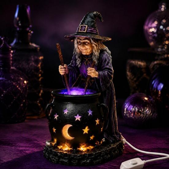 LED Witch Cauldron Light Halloween Statue with Glowing Cauldron, USB Powered Resin Black Lighted Lamp Pot Figurine Green/Purple for Party Home