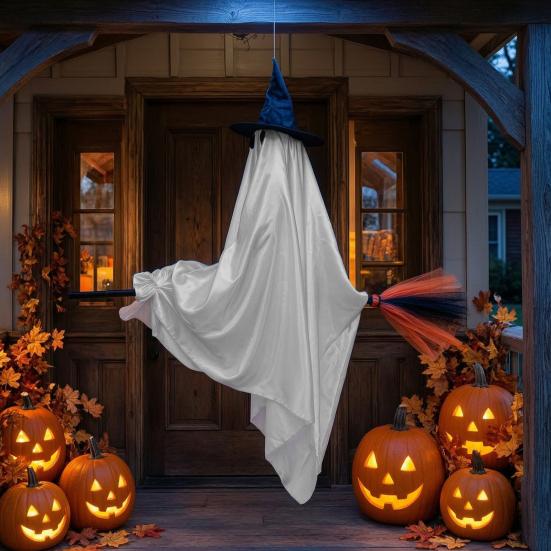 Spooky Outdoor Porch Decor Hanging Ghost with Broom Halloween Decoration, Flying Witch Ornament for Decorations Haunted House Tree Indoor Party