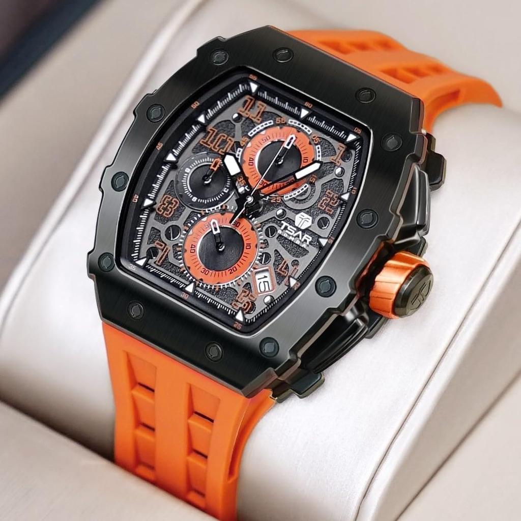 TSAR BOMBA Men Watch Quartz Analog Movement 5ATM Waterproof Tonneau Stopwatch Stainless Steel Case Casual Sport Design
