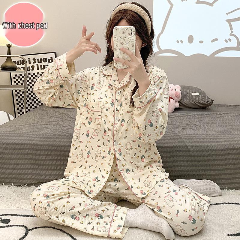 2024 Cute Spring/Autumn Women's Crepe Pajama Set with Chest Pad, Lapel Cardigan, Long-Sleeved Top, and Trousers.