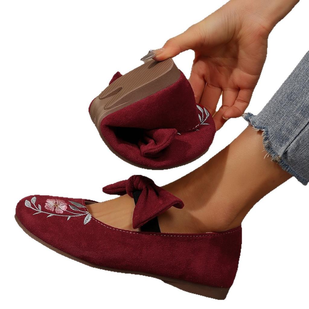 Chinese Embroidered Bow Flat Shoes 2025 Foreign Trade Large Size Women's Shoes Flat Shoes Commuting Shallow Mouth Single Shoes Women
