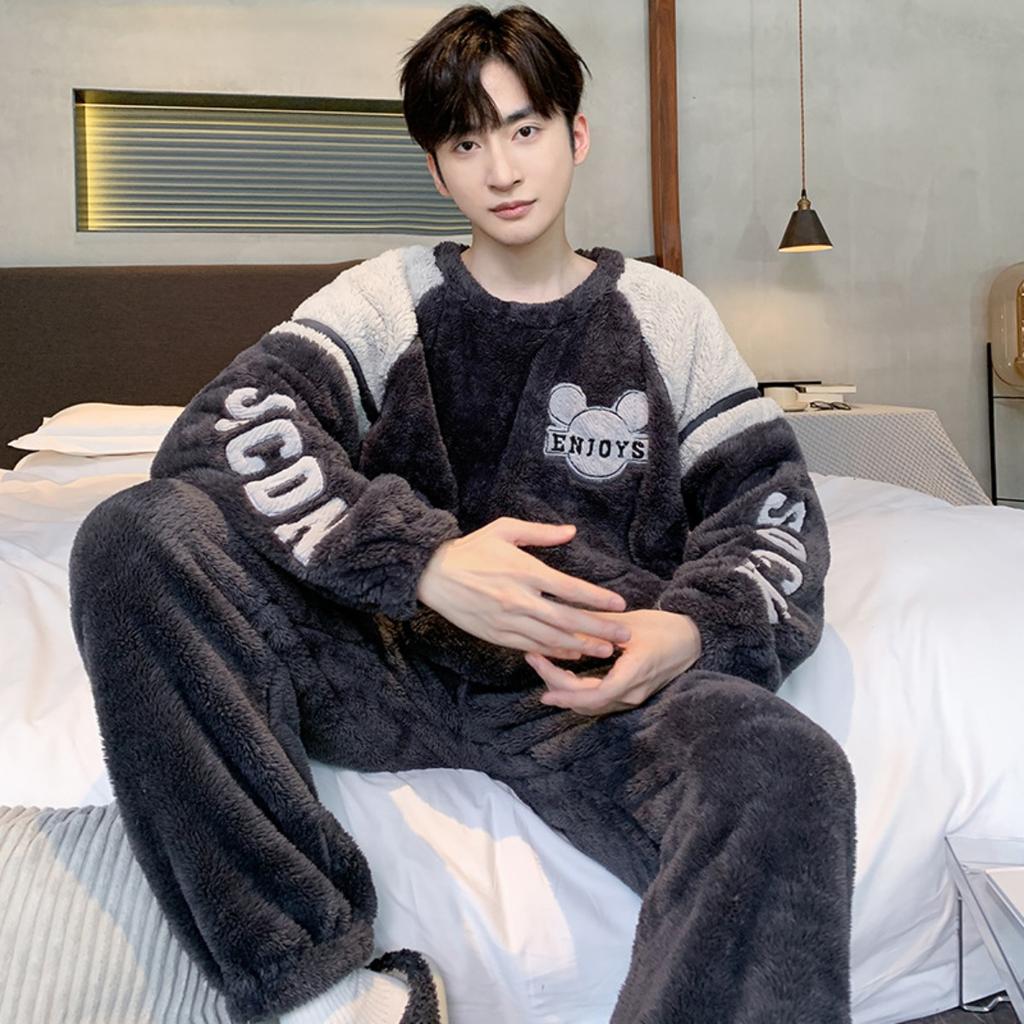 Winter, Coral Fleece, Pajamas, Men's Clothing, Thickened Fleece, Round Neck, Long Sleeved Pants, Suits, Home Clothes
