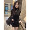 Autumn and Winter Design Hollow-out Half-turtleneck Dress for Women, Korean Style Spicy Girl Fitted Inner Layer, Slimming Pencil Short Skirt