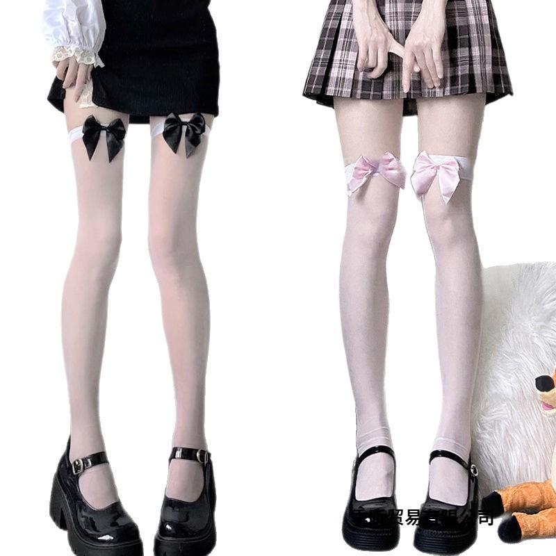 Japanese Lolita Over-the-Knee Bow Socks, White or Black Silk