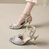 2025 Summer Ankle-wrap Women's Modern Sandals Print Rivet Buckle Strap Dress Sandals Thin Heels Peep Toe Shoes Party Outfits