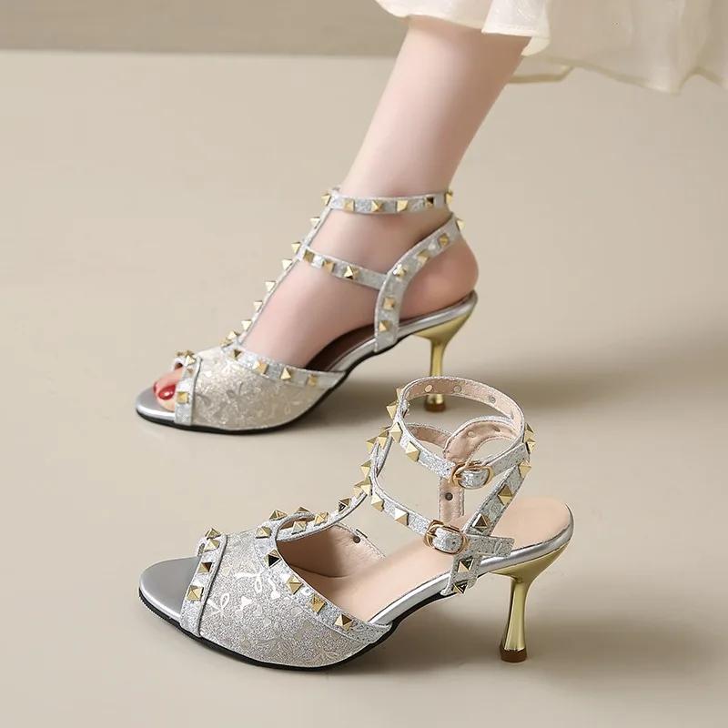 2025 Summer Ankle-wrap Women's Modern Sandals Print Rivet Buckle Strap Dress Sandals Thin Heels Peep Toe Shoes Party Outfits