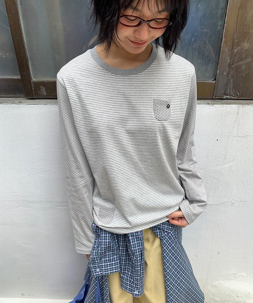 RONRON Dot Stripe Multi Pocket Long Sleeve Gray