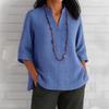 2026 Summer Women's European & American V-neck 3/4 Sleeve Cotton Linen Loose Casual Shirt