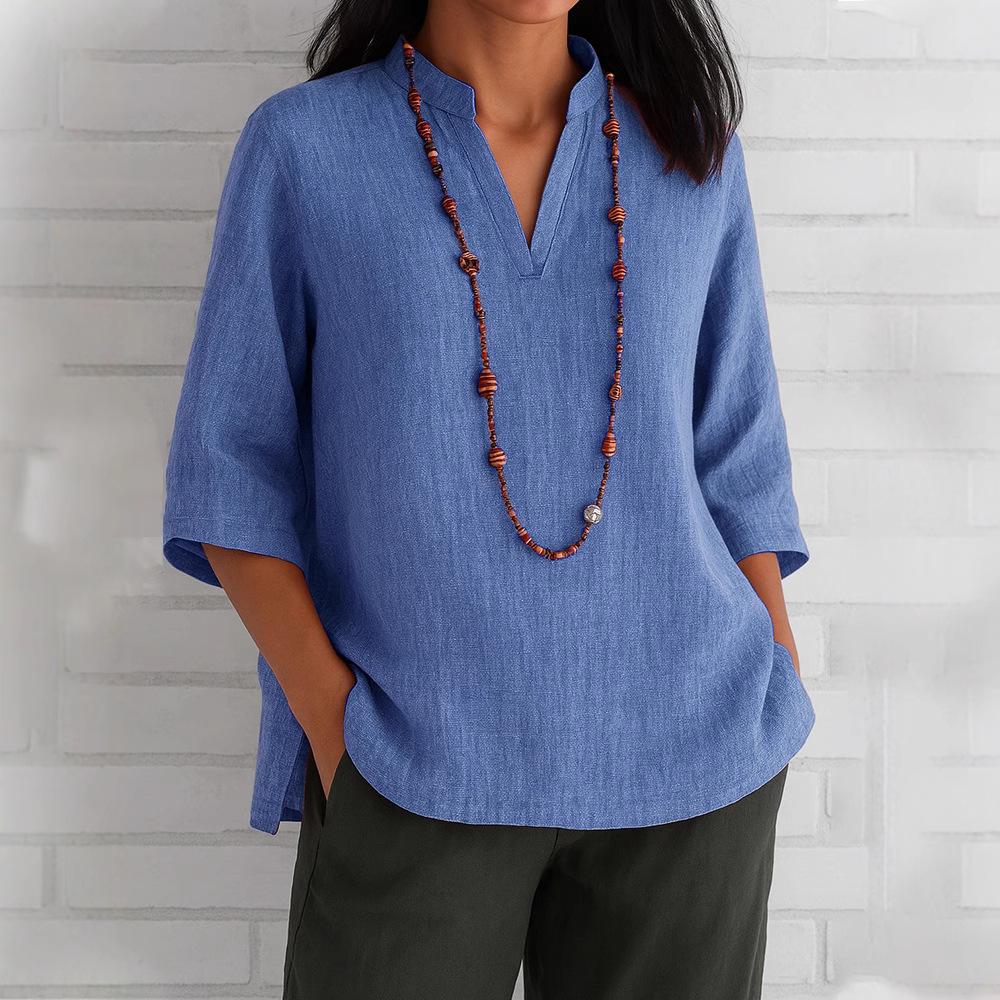 2026 Summer Women's European & American V-neck 3/4 Sleeve Cotton Linen Loose Casual Shirt