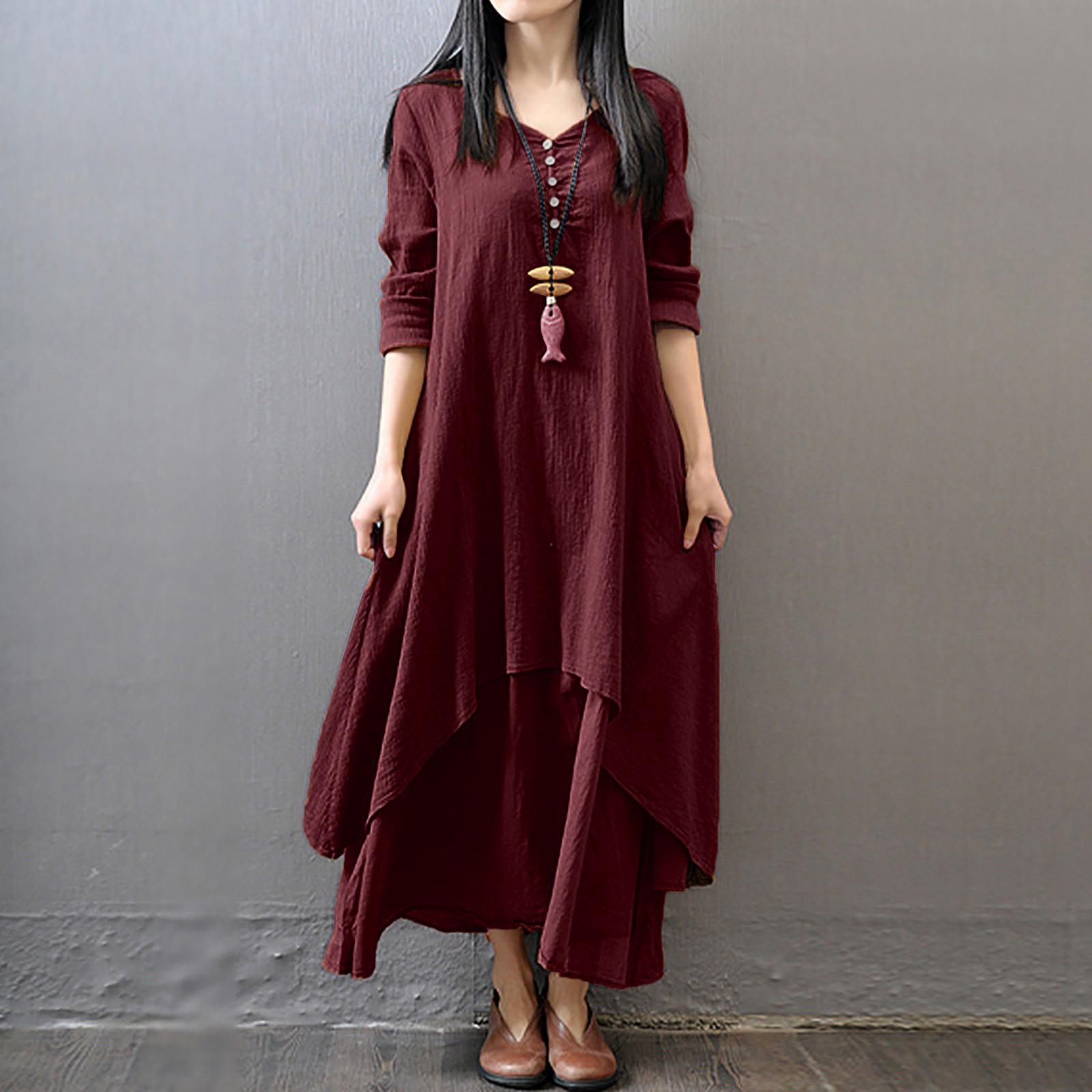 Women Casual Loose Long Sleeve Cotton Linen Boho Long Dress Irregular Dress L красный