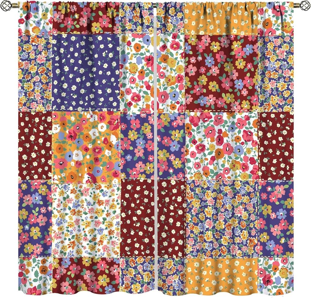 Κουρτίνα Patchwork με Λουλούδια, Βίντατζ Πράσινη Καρό με Λουλούδια Μποέμ Άνοιξη Κουρτίνες Υπνοδωμάτιο Σαλόνι Παράθυρο Κουζίνας