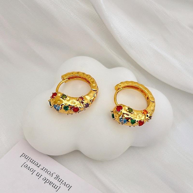 French Retro Stud Earrings Inlaid With Colored Zircon Heavy Industry Earrings Light Luxury Fashion Trend Temperament Versatile Earrings