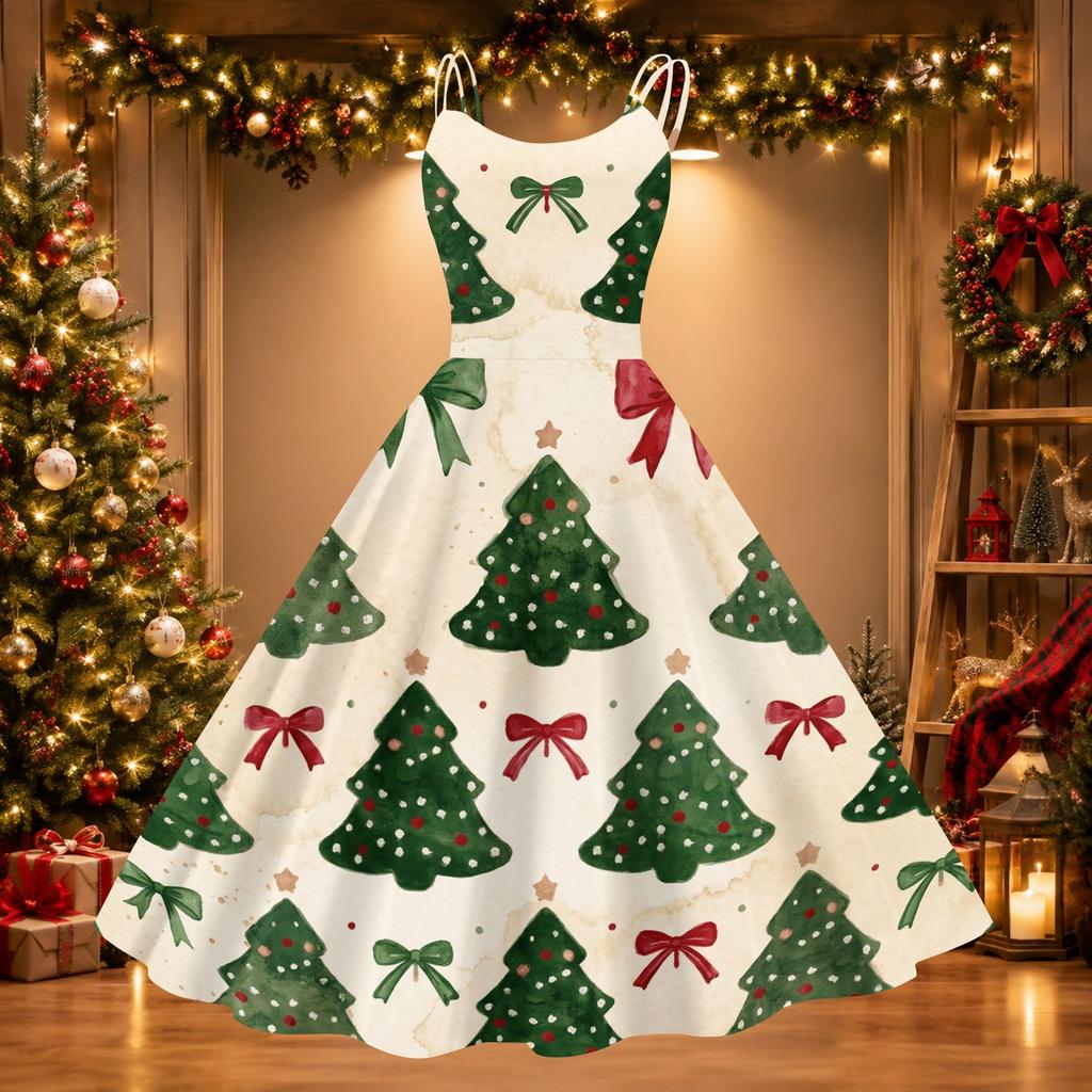 Women's Casual Retro Christmas Print Round Neck Dress, Stylish Holiday Party Outfit