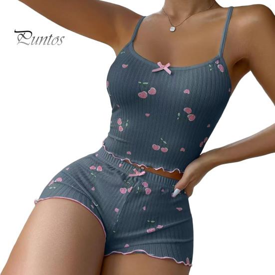 

2 шт./комплект женский жилет шорты костюм бант вишневый принт U-образный вырез без рукавов топ с высокой талией короткие брюки домашняя одежда одежда для отдыха летняя одежда для сна XL темно-синий
