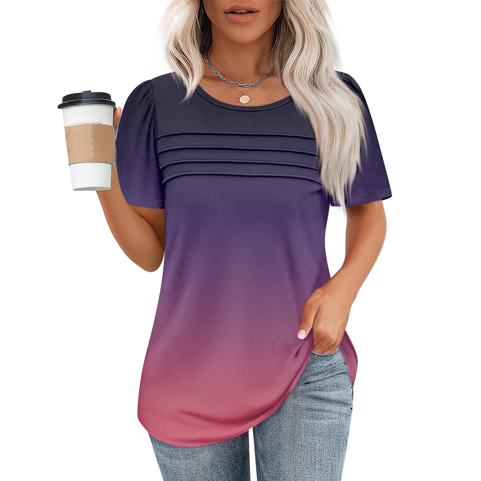 

Футболки для женщин, плиссированные, с круглым вырезом, нарядные, повседневные, блузки с принтом, с коротким рукавом, летние топы, свободный крой XL фиолетовый