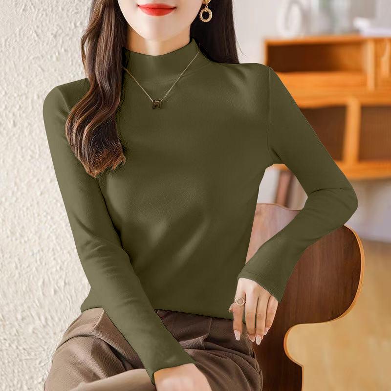 Women's Plus Velvet Half-High Collar Long-Sleeve Fleece Base Layer Top - Autumn/Winter