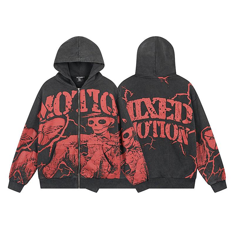 Unisex Rhinestone Zipper Hooded Cardigan & Sweatpants Set with Letter Print.