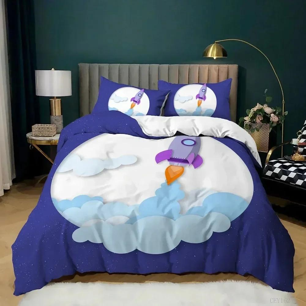 Top 3D Cartoon Duvet Cover Set Science Fiction Space Themed With Earth And Rocket,Decorative Bedding Set,Queen Size Quilt Cover