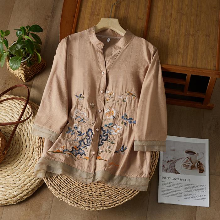 2023 Letní Luxusní Bavlněná Lněná Vyšívaná Blůza se Žabkovým Zapínáním