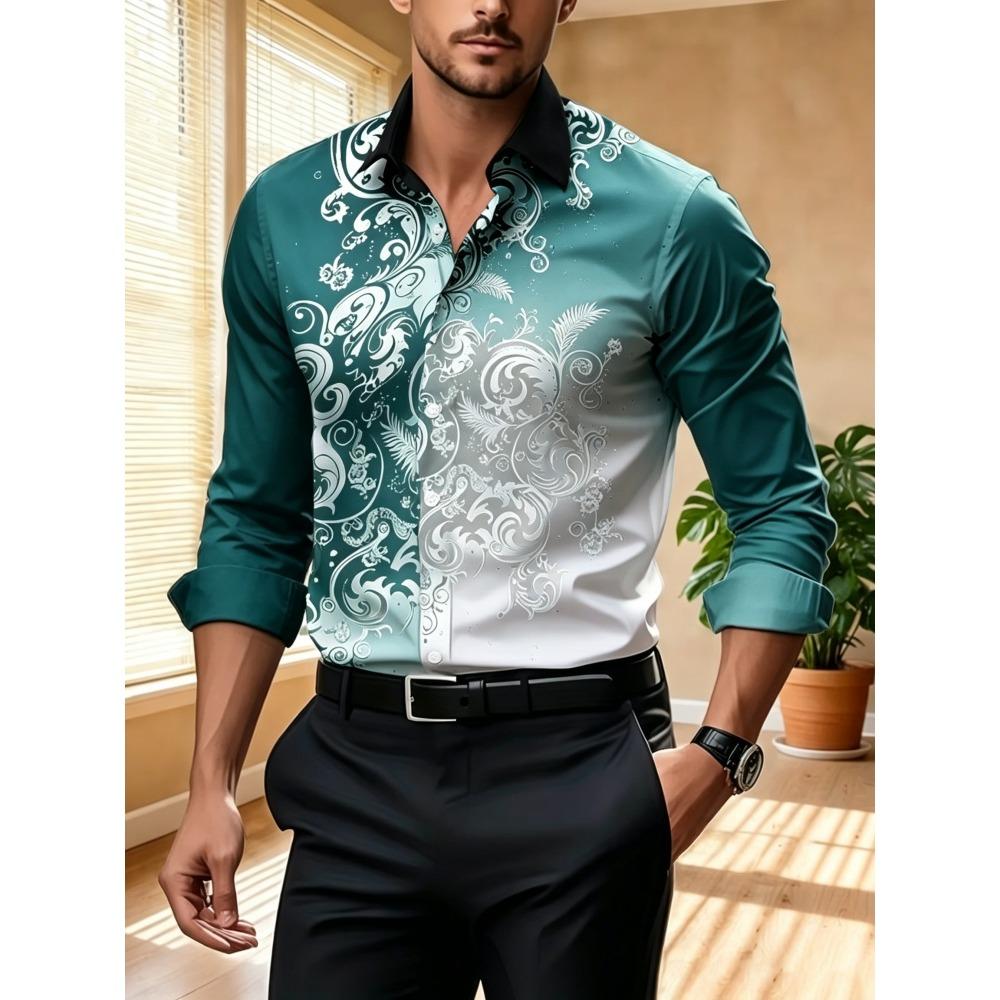 Men's Contrasting Baroque Printed Long Sleeved Shirt, Slim Fit Collar Shirt, European and American Party Trend Men's Top