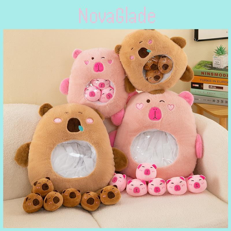 Cute Capybara Stuffed Toy Pillow Bag With Six Mini Plushies Stress-relief Dolls