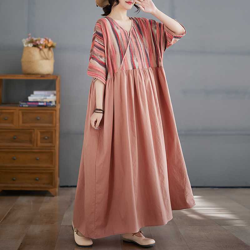 Algodón y Lino Verano Patchwork Estilo Retro Vestido Falda Larga