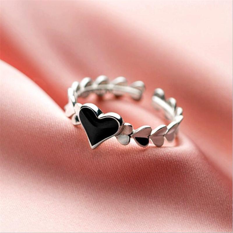 New Sweet Epoxy Black Love 925 Sterling Silver Jewelry Temperament Cute Heart Shape Fashion Opening Rings TYB043