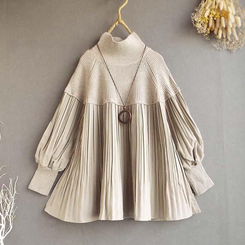 Available: 2026 Japanese Knit Patchwork High Neck Lantern Sleeve Top for Spring, Autumn, and Winter.
