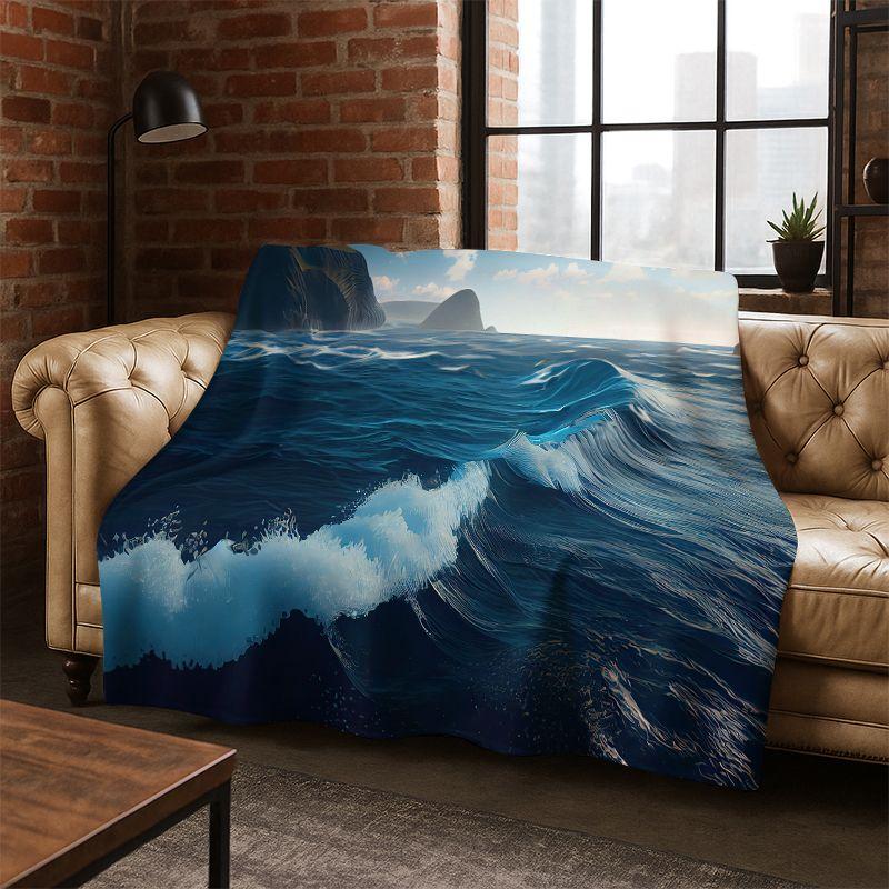 Blue Sea Waves Scenery Flannel Blanket Soft Warm Throw Blanket for Bedroom Living Room Bed Travel Camping Picnic Gift Kids
