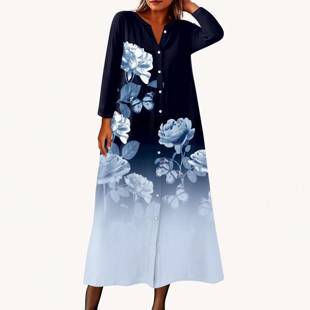 Dame Mote Trykket Rund Hals Syv Kvart Erm Knapp Løs Skjortekjole