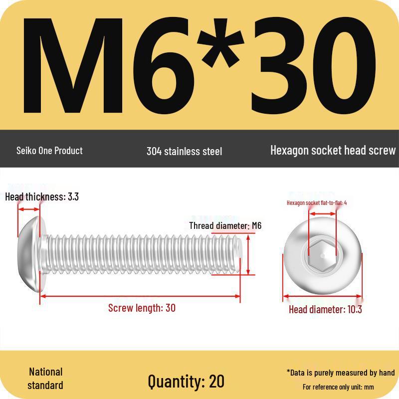 304 Stainless Steel Pan, Half, and Round Head Hexagon Screws (M2-M12)