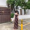 French Vintage Plaid Spaghetti Strap Dress for Women, New Summer Slimming Mid-length Mesh A-line Pencil Skirt