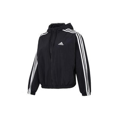 Logo Embroidered Stripe Trim Hooded Windbreaker Jacket Women Jacket Black HT3399