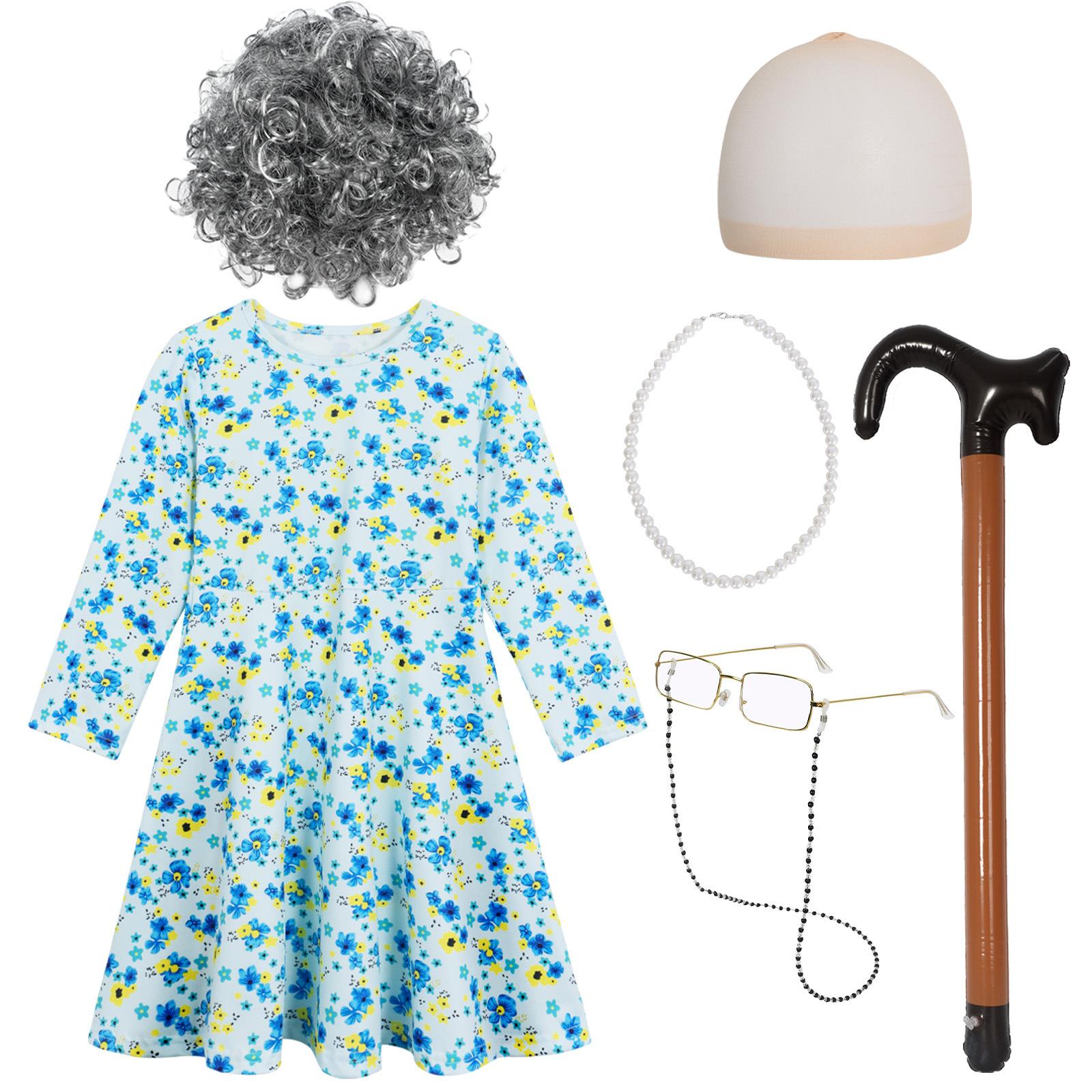 

Girls Old Lady Costume Kit Dress Wig Cane with Glasses Necklace Kid Halloween Cosplay Costume 5 PCS 150cm синий