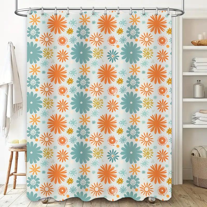 Vintage Pattern Shower Curtain Flower Print Bathroom Decor with Metal Rod Set for Home Decoration
