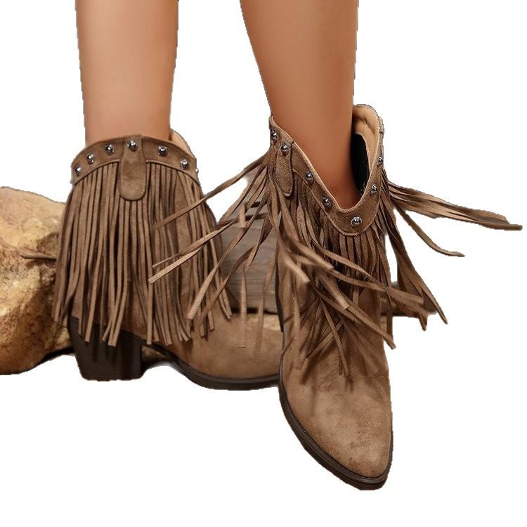 Large Size Cowboy Tassel Pointed Head Square and V-mouth Knight Boots Autumn and Winter Mid-tube Knee Women's Boots